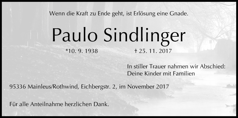  Traueranzeige für Paulo Sindlinger vom 01.12.2017 aus MGO