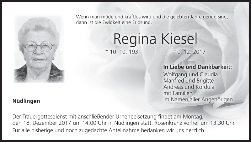  Traueranzeige für Regina Kiesel vom 14.12.2017 aus MGO