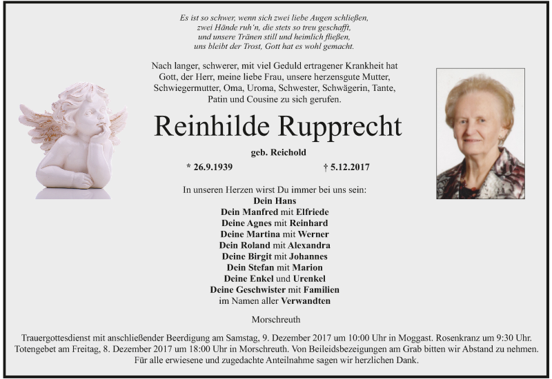 Traueranzeige für Reinhilde Rupprecht vom 07.12.2017 aus MGO