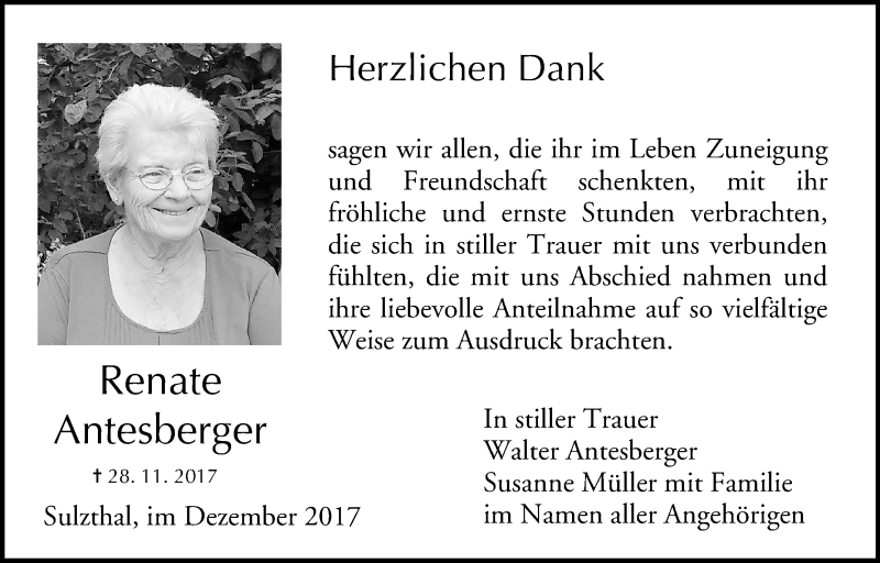  Traueranzeige für Renate Antesberger vom 23.12.2017 aus MGO