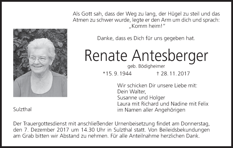  Traueranzeige für Renate Antesberger vom 02.12.2017 aus MGO