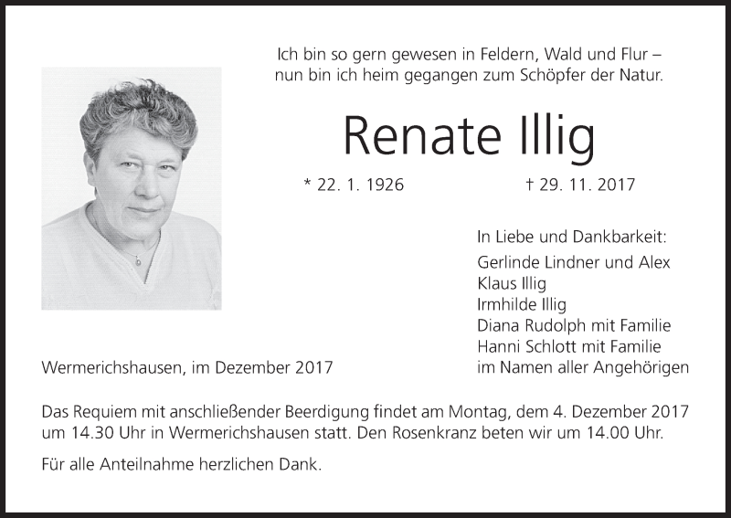 Traueranzeige für Renate Illig vom 01.12.2017 aus MGO