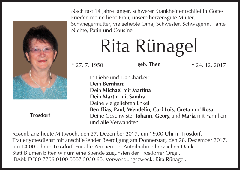  Traueranzeige für Rita Rünagel vom 27.12.2017 aus MGO