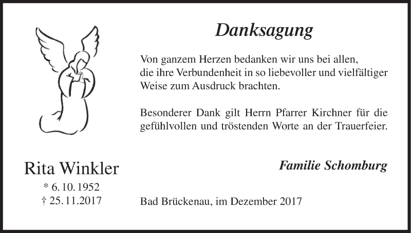  Traueranzeige für Rita Winkler vom 16.12.2017 aus MGO