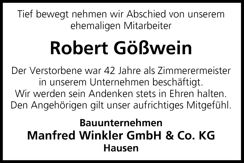  Traueranzeige für Robert Gößwein vom 20.12.2017 aus MGO