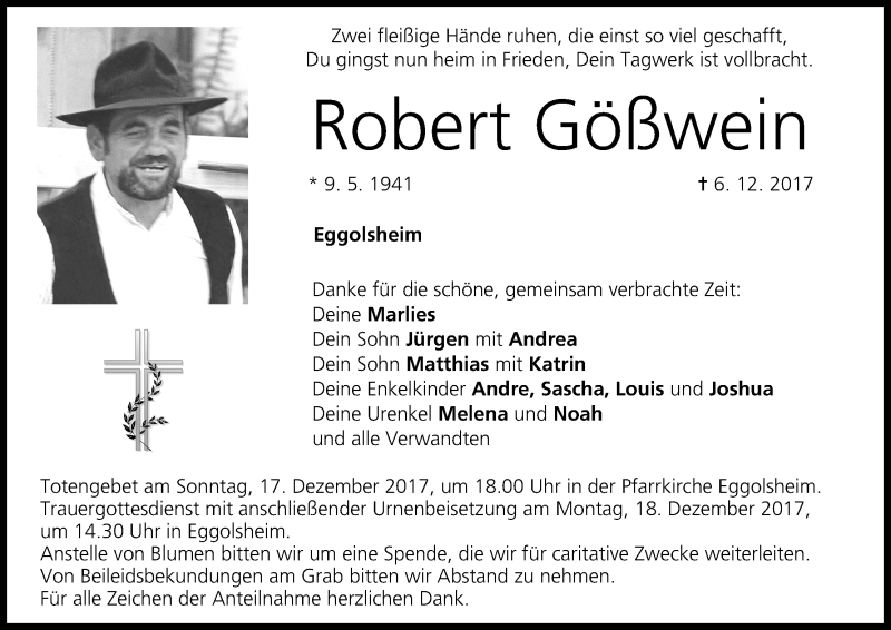  Traueranzeige für Robert Gößwein vom 14.12.2017 aus MGO