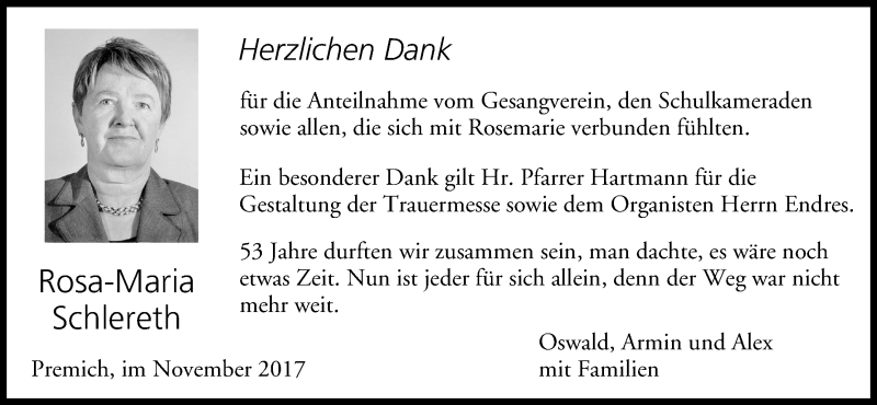  Traueranzeige für Rosa-Maria Schlereth vom 02.12.2017 aus MGO