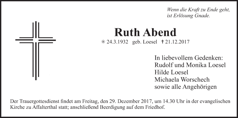  Traueranzeige für Ruth Abend vom 27.12.2017 aus MGO