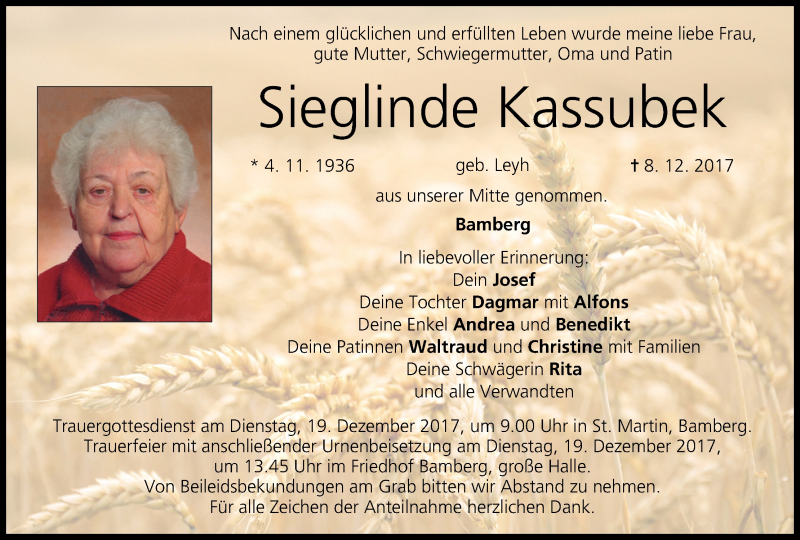  Traueranzeige für Sieglinde Kassubek vom 15.12.2017 aus MGO