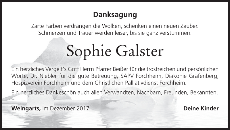  Traueranzeige für Sophie Galster vom 30.12.2017 aus MGO