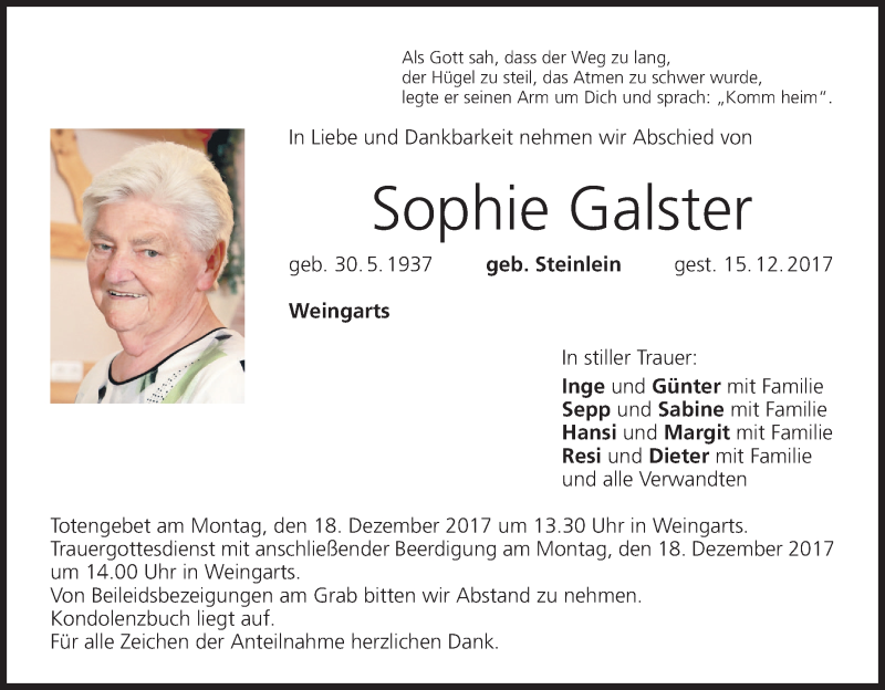  Traueranzeige für Sophie Galster vom 16.12.2017 aus MGO