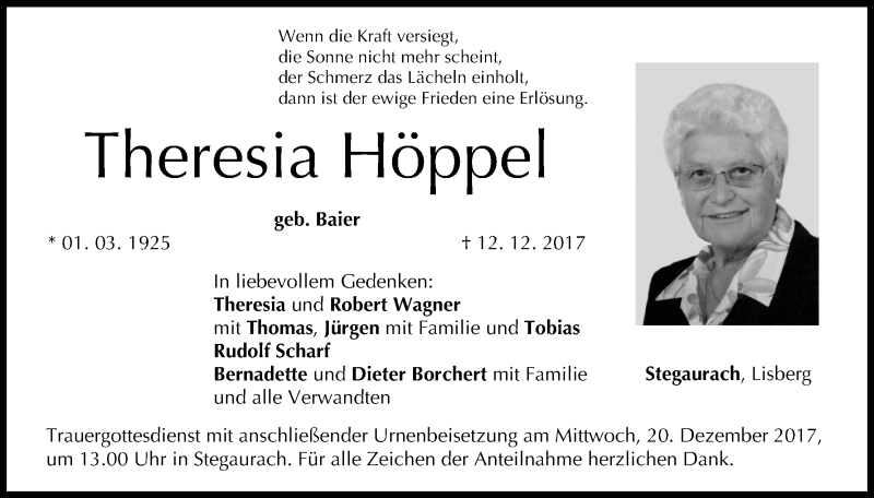  Traueranzeige für Theresia Höppel vom 16.12.2017 aus MGO