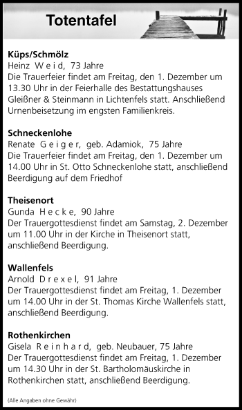 Anzeige von Totentafel vom 01.12.2017 von MGO