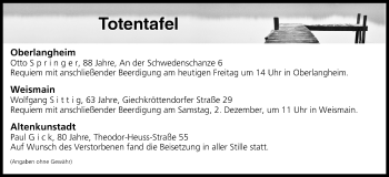 Anzeige von Totentafel vom 01.12.2017 von MGO