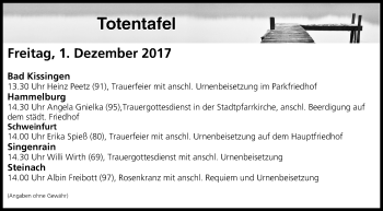 Anzeige von Totentafel vom 01.12.2017 von MGO
