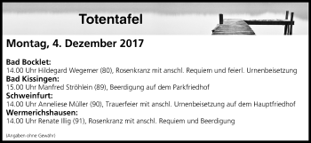 Anzeige von Totentafel vom 04.12.2017 von MGO
