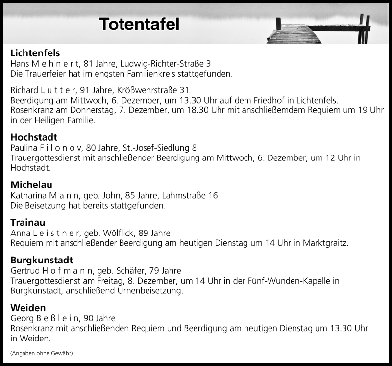  Traueranzeige für Totentafel vom 05.12.2017 vom 05.12.2017 aus MGO