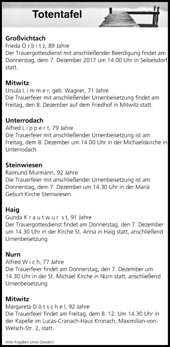 Anzeige von Totentafel vom 07.12.2017 von MGO