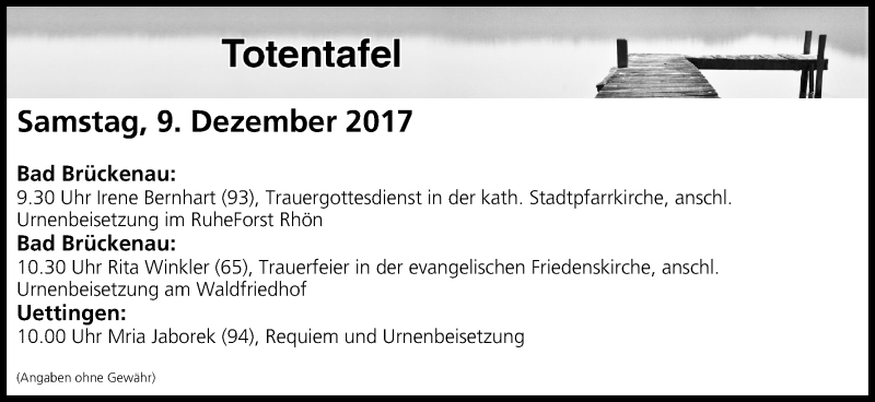  Traueranzeige für Totentafel vom 09.12.2017 vom 09.12.2017 aus MGO