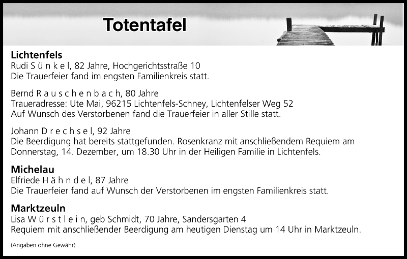  Traueranzeige für Totentafel vom 12.12.2017 vom 12.12.2017 aus MGO