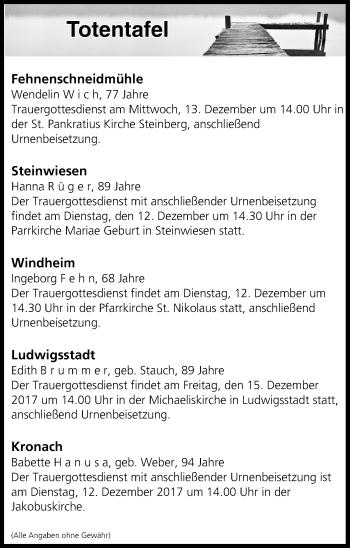 Anzeige von Totentafel vom 12.12.2017 von MGO