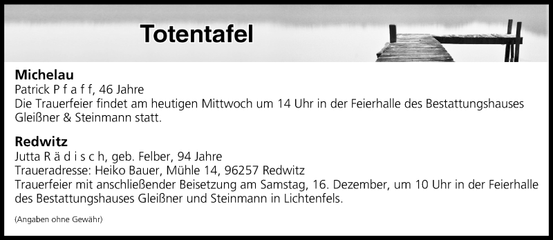  Traueranzeige für Totentafel vom 13.12.2017 vom 13.12.2017 aus MGO