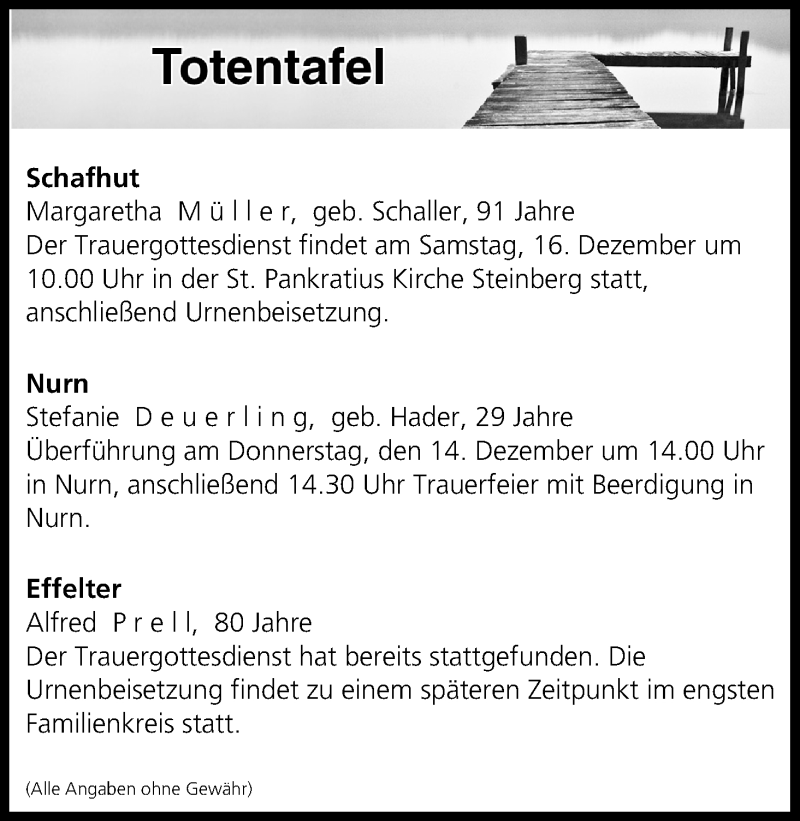  Traueranzeige für Totentafel vom 14.12.2017 vom 14.12.2017 aus MGO