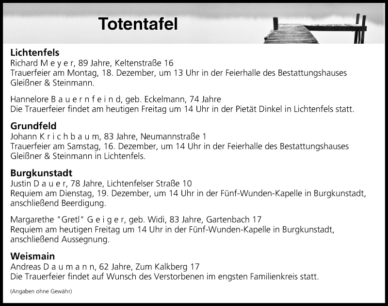 Traueranzeige für Totentafel vom 15.12.2017 vom 15.12.2017 aus MGO
