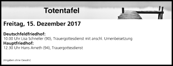 Anzeige von Totentafel vom 15.12.2017 von MGO