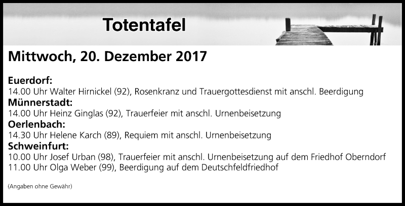  Traueranzeige für Totentafel vom 19.12.2017 vom 20.12.2017 aus MGO