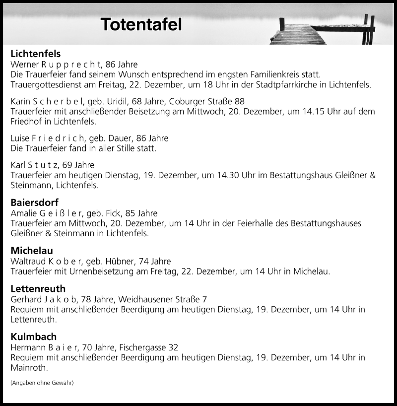  Traueranzeige für Totentafel vom 19.12.2017 vom 19.12.2017 aus MGO
