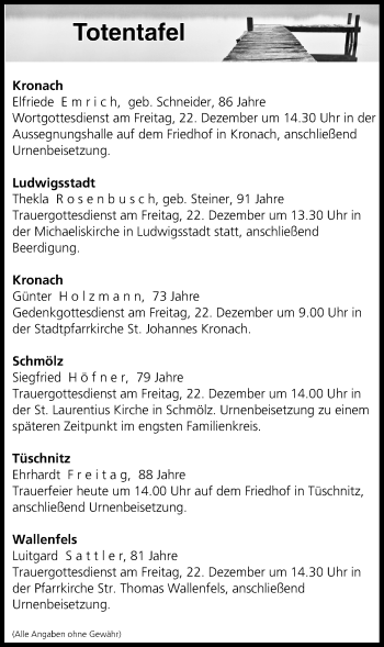 Anzeige von Totentafel vom 21.12.2017 von MGO