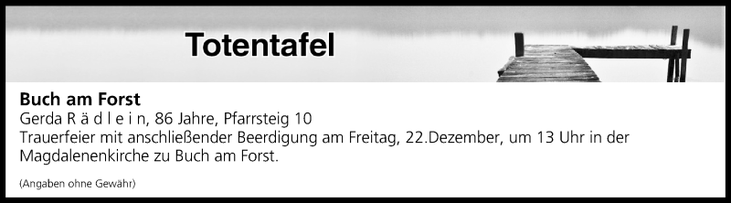  Traueranzeige für Totentafel vom 21.12.2017 vom 22.12.2017 aus MGO