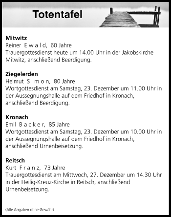 Anzeige von Totentafel vom 21.12.2017 von MGO