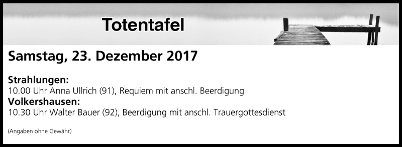  Traueranzeige für Totentafel vom 23.12.2017 vom 23.12.2017 aus MGO