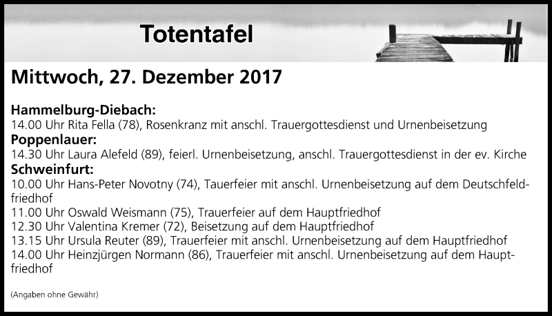  Traueranzeige für Totentafel vom 27.12.2017 vom 27.12.2017 aus MGO