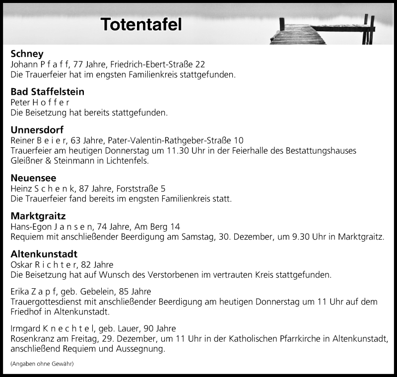  Traueranzeige für Totentafel vom 28.12.2017 vom 28.12.2017 aus MGO