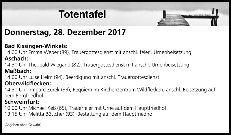 Traueranzeige für Totentafel vom 28.12.2017 vom 28.12.2017 aus MGO