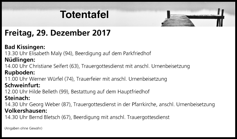  Traueranzeige für Totentafel vom 29.12.2017 vom 29.12.2017 aus MGO