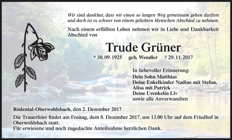  Traueranzeige für Trude Grüner vom 02.12.2017 aus MGO