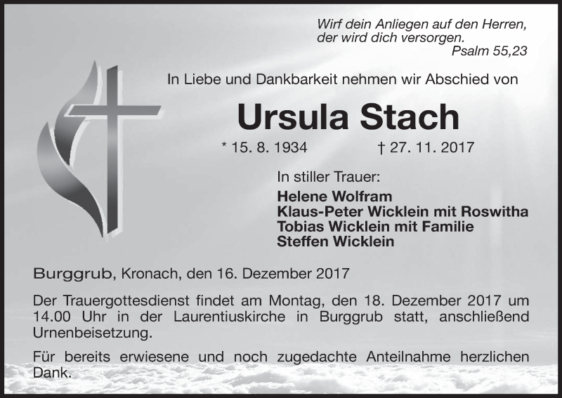  Traueranzeige für Ursula Stach vom 16.12.2017 aus MGO
