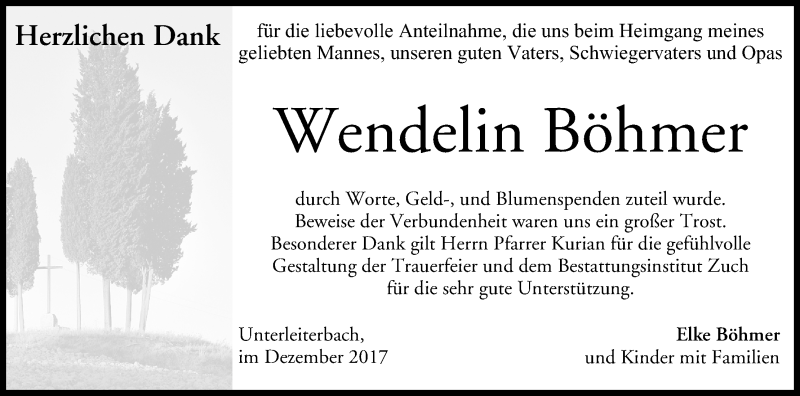  Traueranzeige für Wendelin Böhmer vom 02.12.2017 aus MGO
