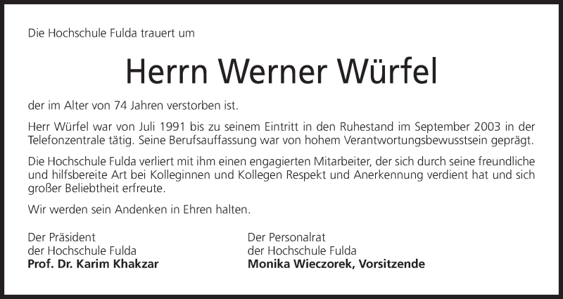  Traueranzeige für Werner Würfel vom 23.12.2017 aus MGO