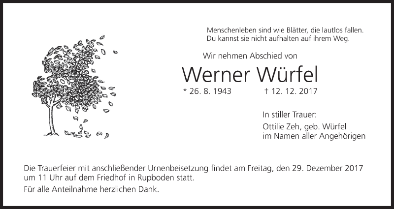  Traueranzeige für Werner Würfel vom 23.12.2017 aus MGO