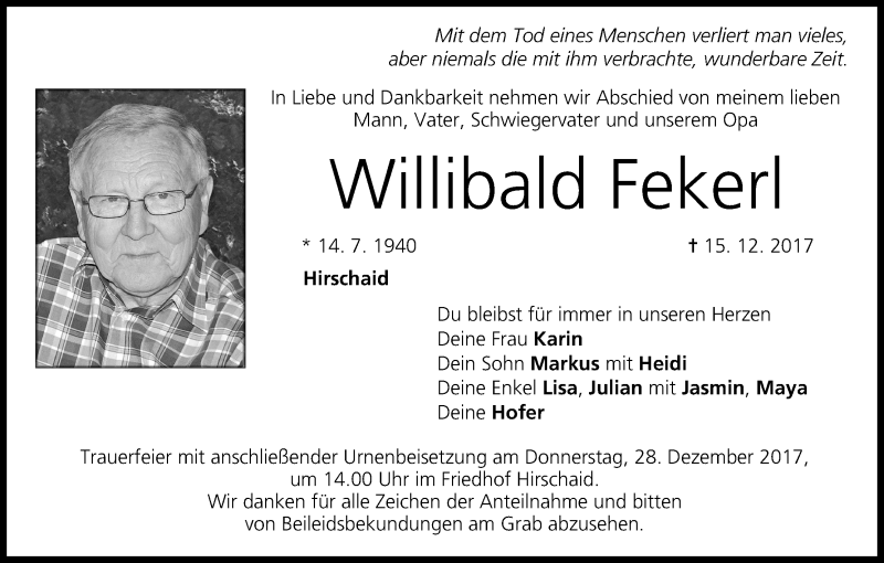  Traueranzeige für Willibald Fekerl vom 23.12.2017 aus MGO