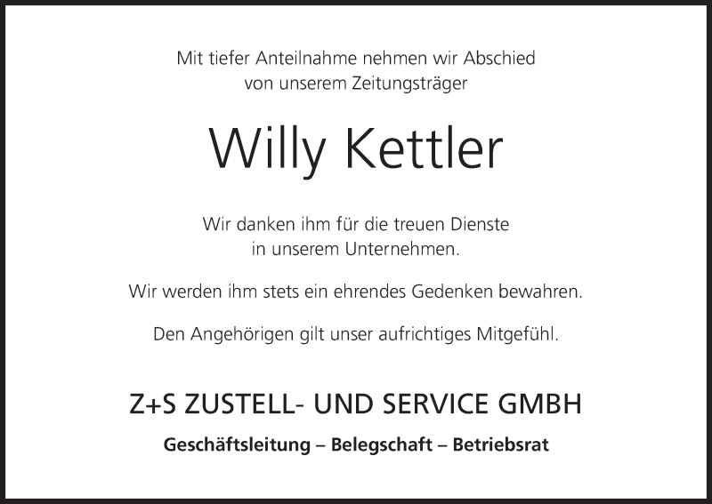  Traueranzeige für Willy Kettler vom 16.12.2017 aus MGO