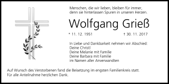 Anzeige von Wolfgang Grieß von MGO