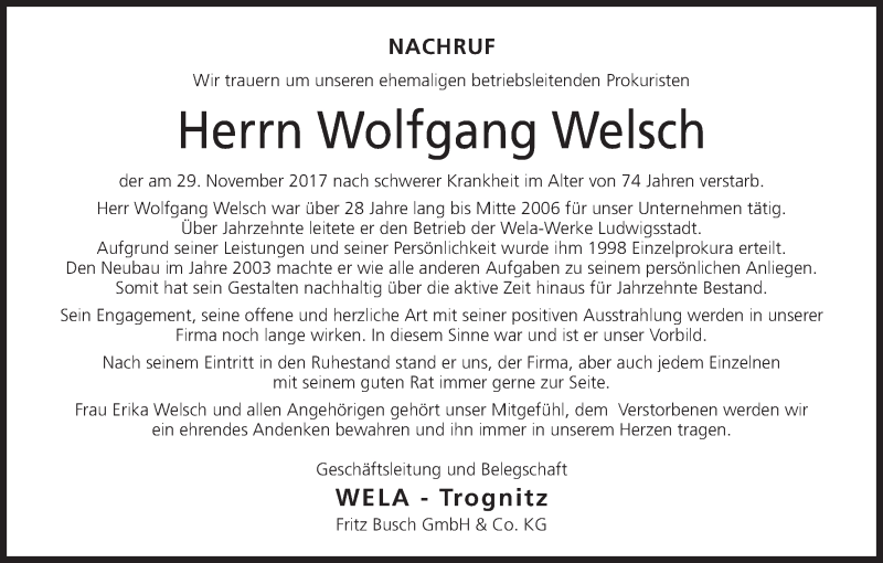  Traueranzeige für Wolfgang Welsch vom 05.12.2017 aus MGO