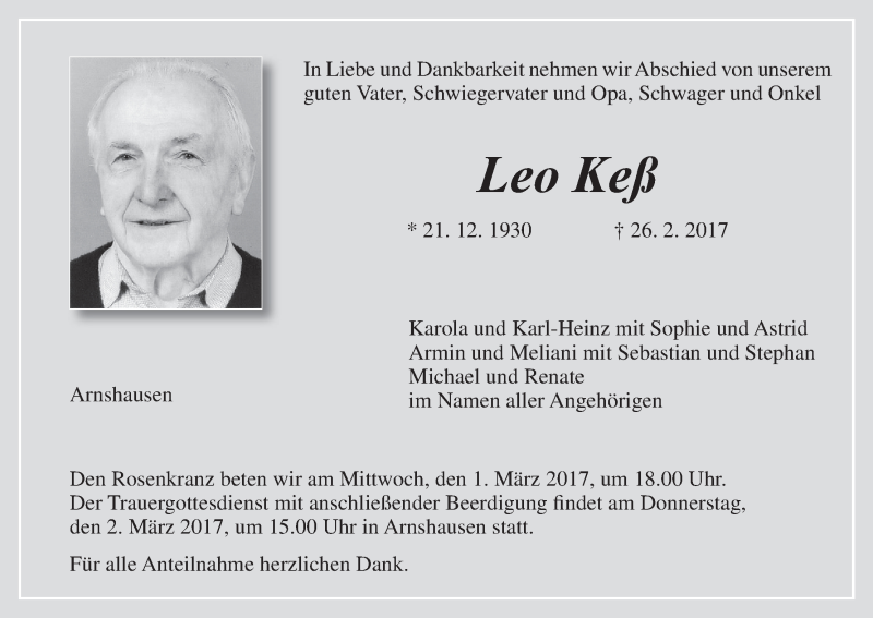  Traueranzeige für Leo Keß vom 28.02.2017 aus MGO
