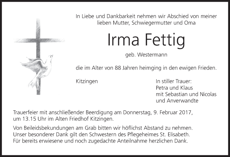  Traueranzeige für Irma Fettig vom 07.02.2017 aus MGO